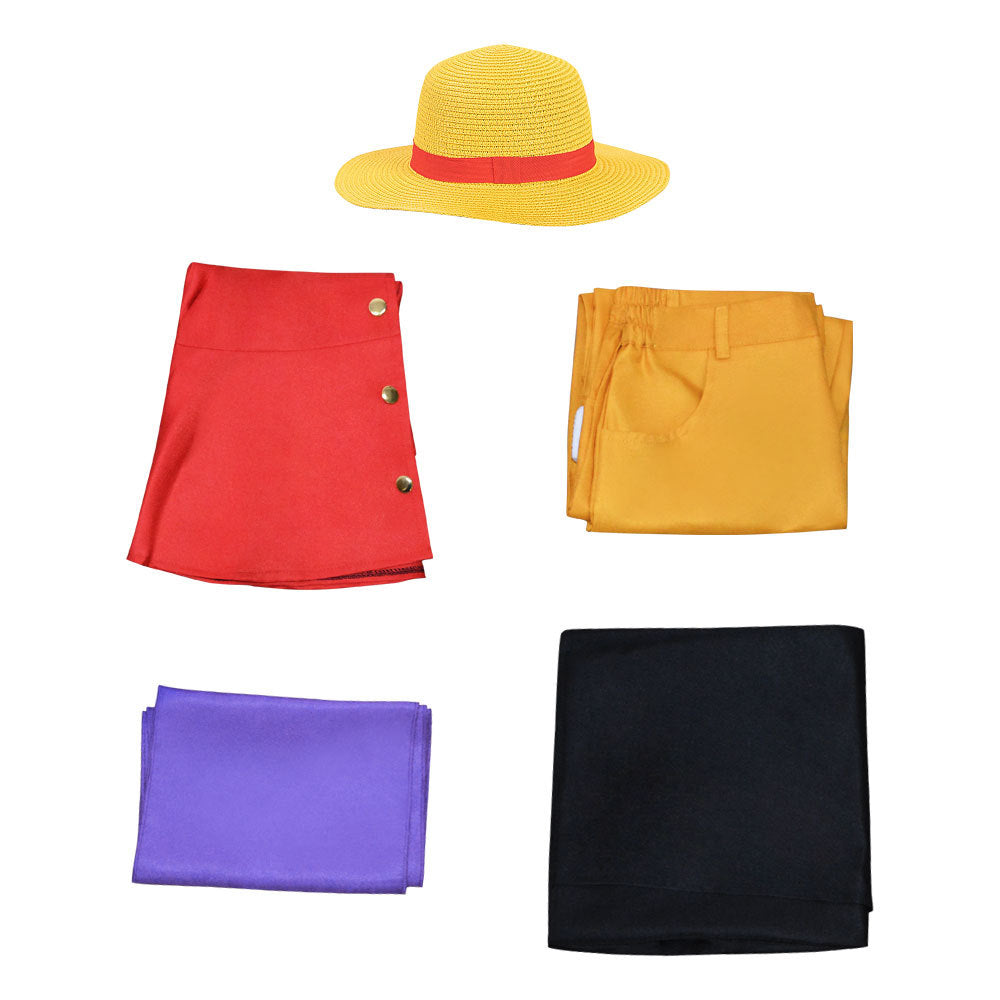 Kids/ Adults One Piece Monkey D. Luffy Wano Country Arc Outfit With Hat and Cloak Cosplay Costume Full Set