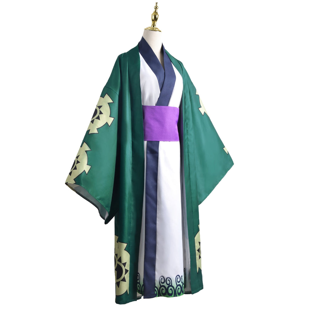 Anime One Piece Wano Country Roronoa Zoro Costume Kimono With Green Cloak Halloween Cosplay Outfit