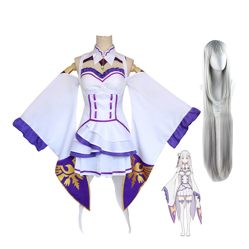 Anime Re:Zero ? Starting Life in Another World Emilia Costume Dress Outfit With Wigs Full Set Halloween Costume