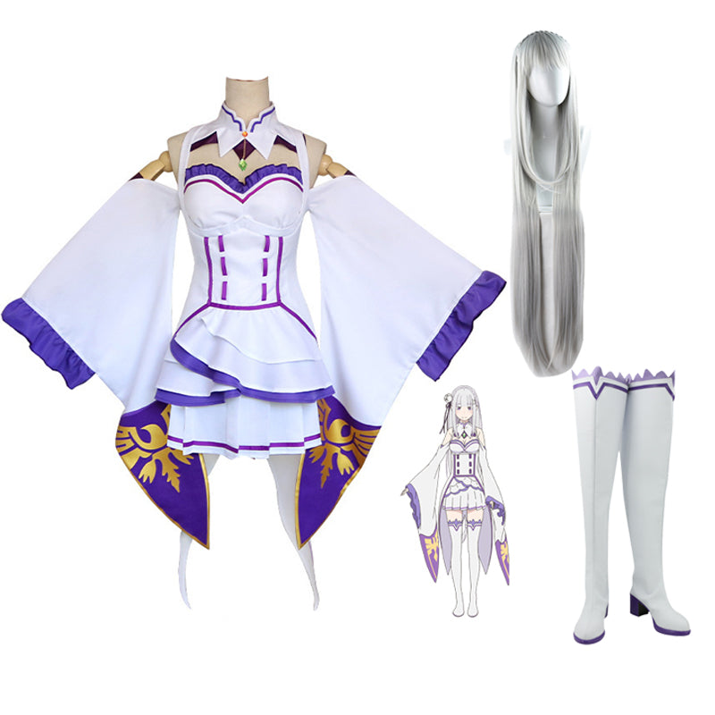 Anime Re:Zero ? Starting Life in Another World Emilia Costume Dress Outfit+Wigs+Boots Whole Set Halloween Cosplay Costume