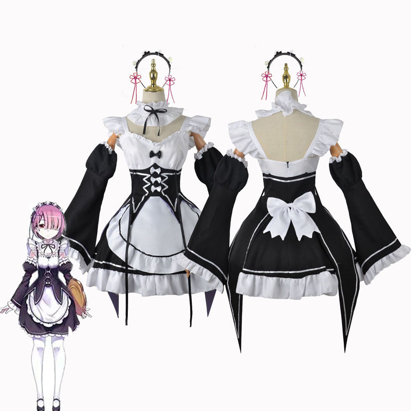 Anime Re:Zero ? Starting Life in Another World Ram Full Set Cosplay Dress+Wigs+Shoes Halloween Carnival Cosplay Outfit