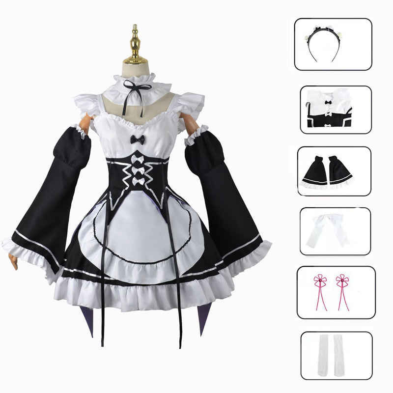 Anime Re:Zero ? Starting Life in Another World Ram Full Set Cosplay Dress+Wigs+Shoes Halloween Carnival Cosplay Outfit