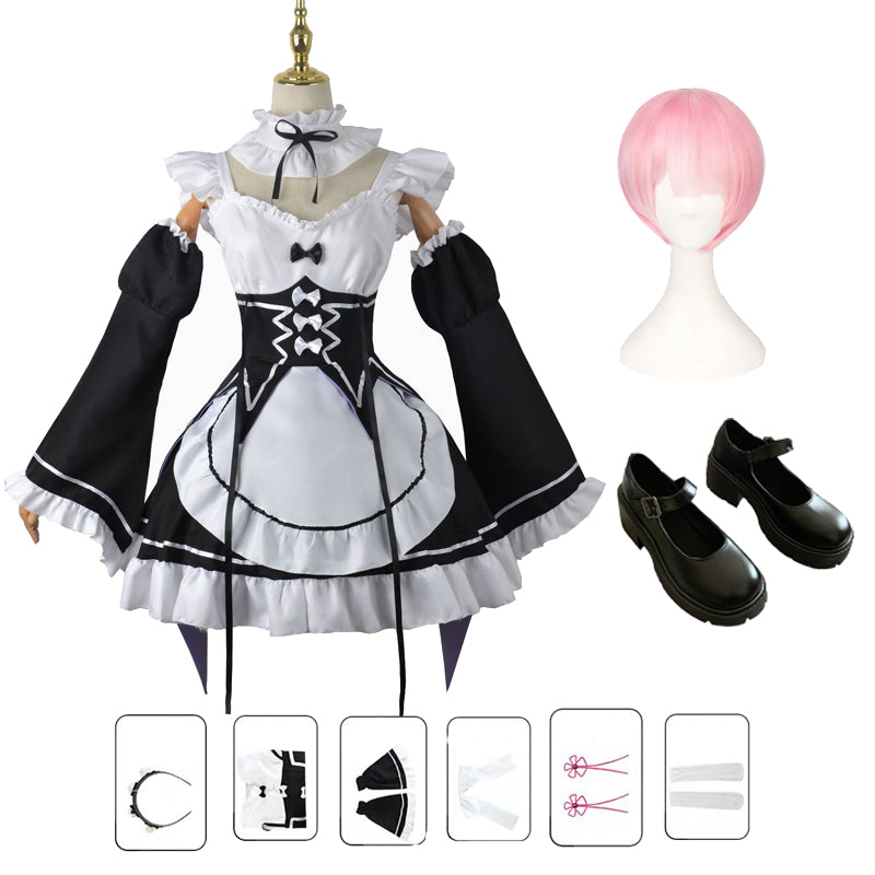 Anime Re:Zero ? Starting Life in Another World Ram Full Set Cosplay Dress+Wigs+Shoes Halloween Carnival Cosplay Outfit