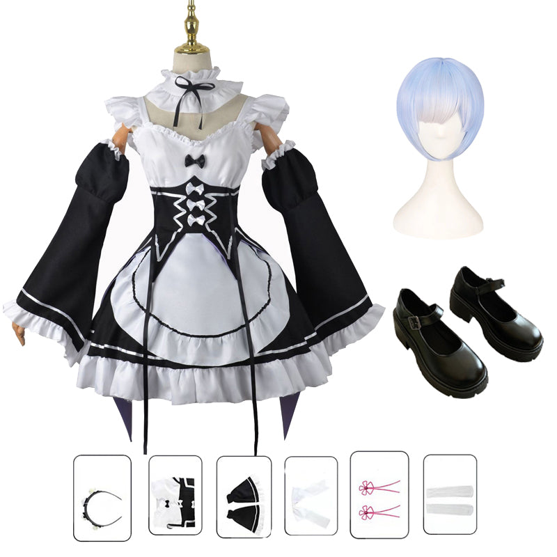 Anime Re:Zero ? Starting Life in Another World Rem Full Set Costume Dress+Wigs+Shoes Halloween Cosplay Outfit Set