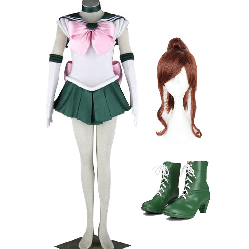 Anime Sailor Moon Makoto Kino Sailor Jupiter Cosplay Full Set Costume+Wigs+Shoes Halloween Carnival Outfit Set