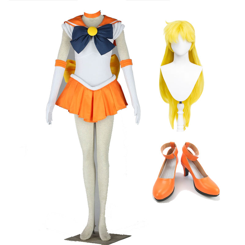 Anime Sailor Moon Minako Aino Sailor Venus Full Set Cosplay Costume With Wigs and Shoes Halloween Outfit Set