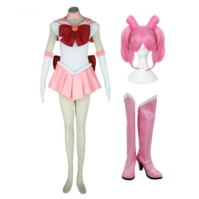 Anime Sailor Moon Sailor Chibi Moon Chibiusa Full Set Costume With Wigs and Boots Halloween Cosplay Outfit Set