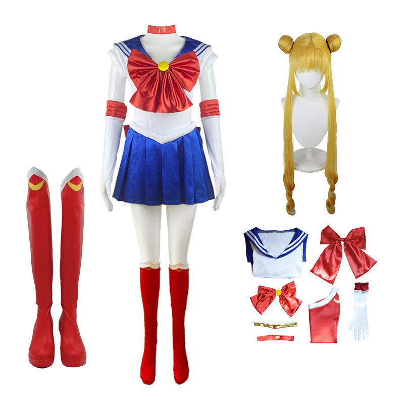Anime Sailor Moon Usagi Tsukino Whole Set Cosplay Costume Dress With Wigs and Boots Halloween Cosplay Outfit Set