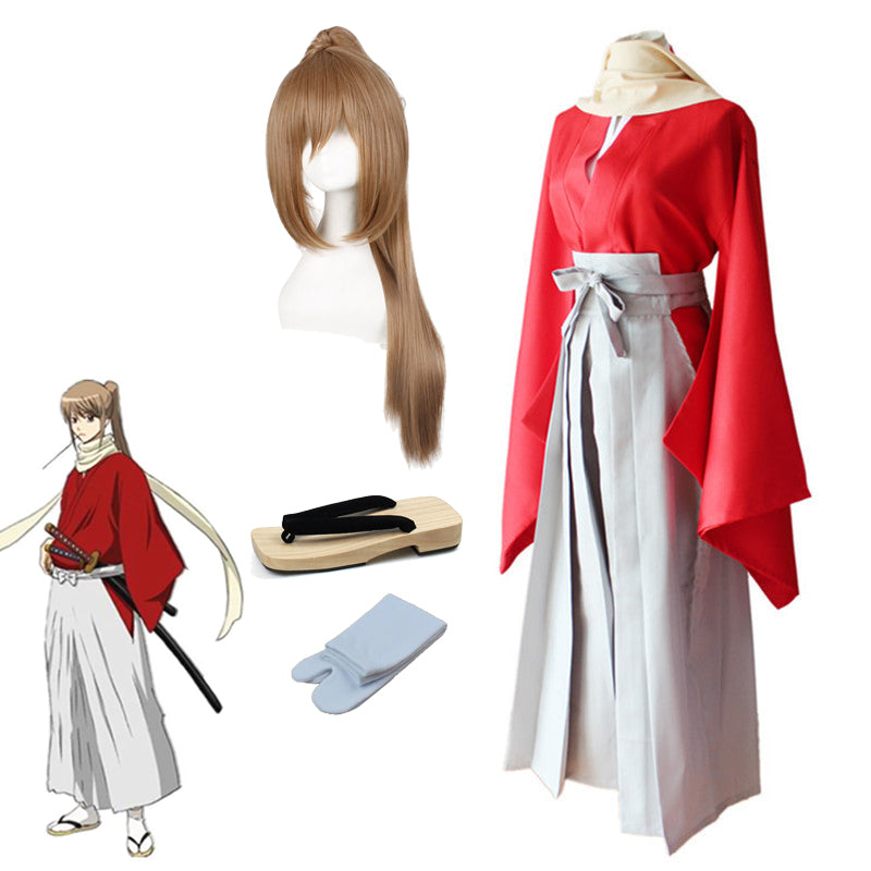 Anime Silver Soul/Gintama Be Forever Yorozuy Okita Sougo Full Set Costume Kimono With Wigs and Wooded Clogs Shoes Set Halloween Outfit