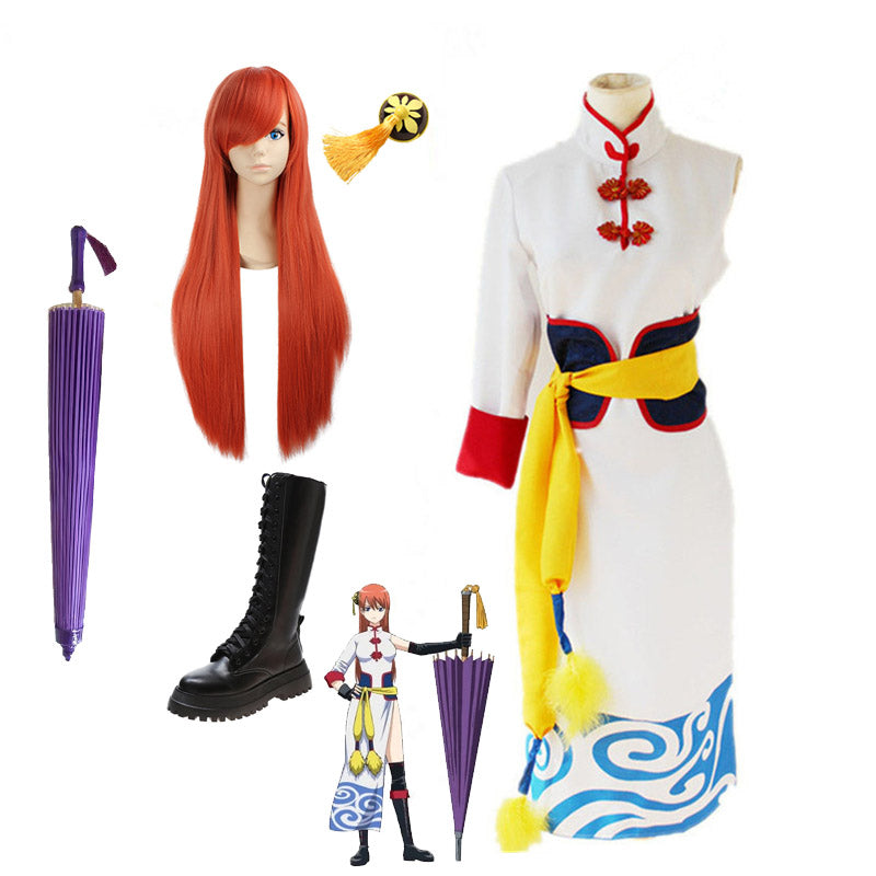Anime Silver Soul Gintama Be Forever Yorozuya Kagura Costume+Wigs+Boots+Umbrella Props Full Set Costume Outfit