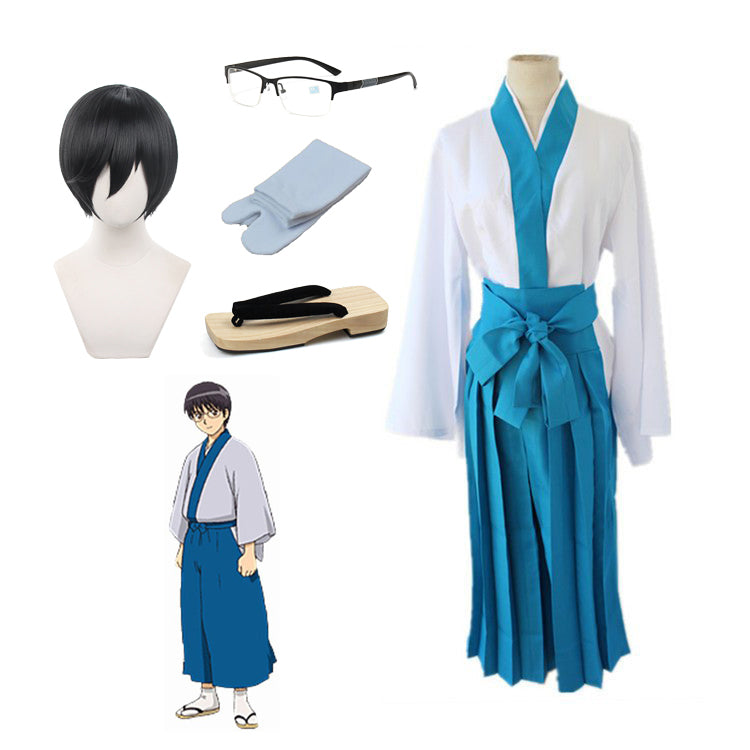 Anime Silver Soul/Gintama Shimura Shinpachi Whole Set Costume Kimono +Wigs+Wooden Clogs Shoes Halloween Costume Set