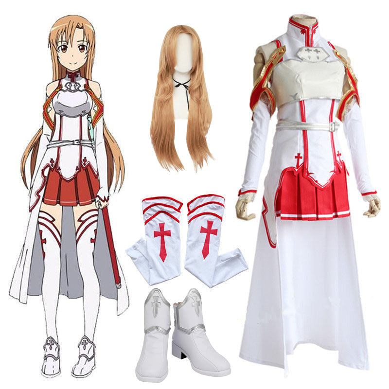 Anime Sword Art Online Yuuki Asuna Whole Set Cosplay Costume Dress and Wigs and Boots SAO Asuna Full Set Halloween Costume