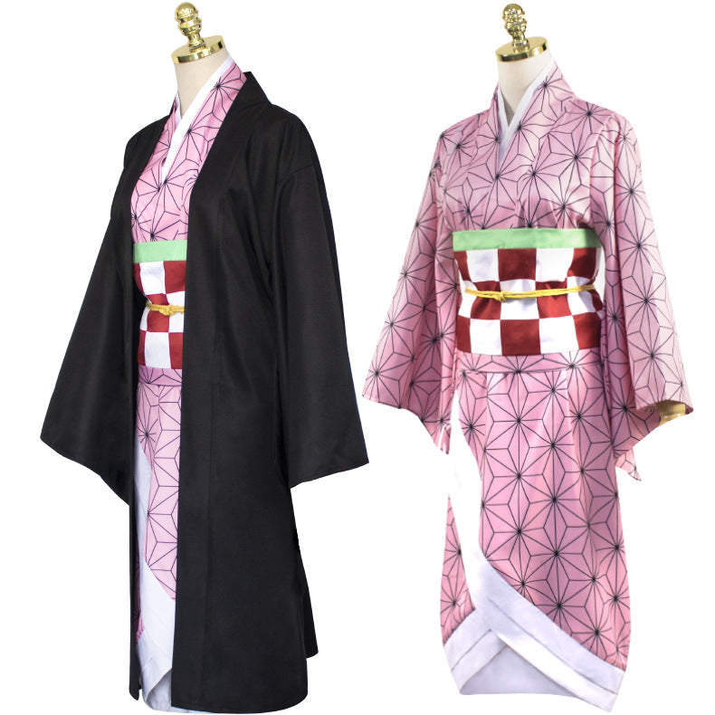 Anime Nezuko Kamado Cosplay Costume Kimono Dress With Cloak Set