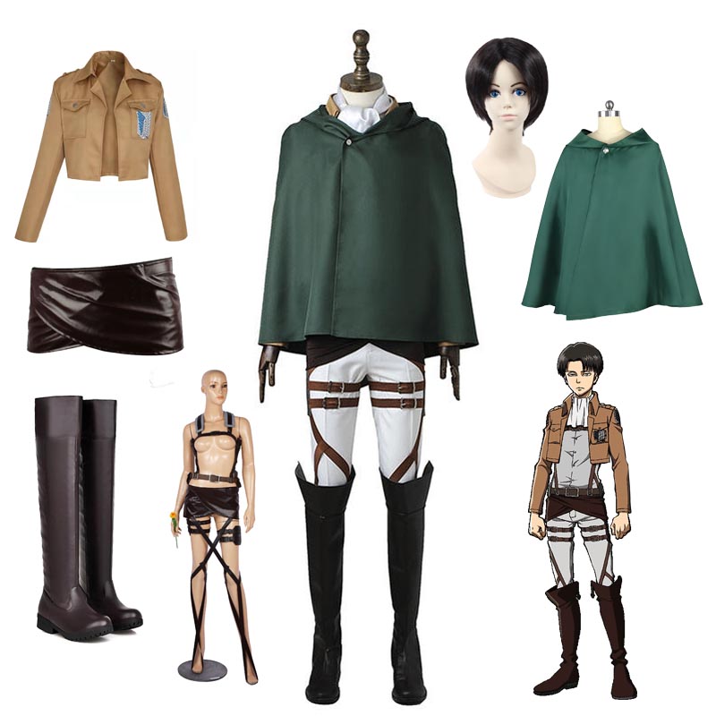 Attack On Titan Shingeki no Kyojin  Levi Ackerman Costume Uniform Full Set With Wigs and Boots Halloween Costume