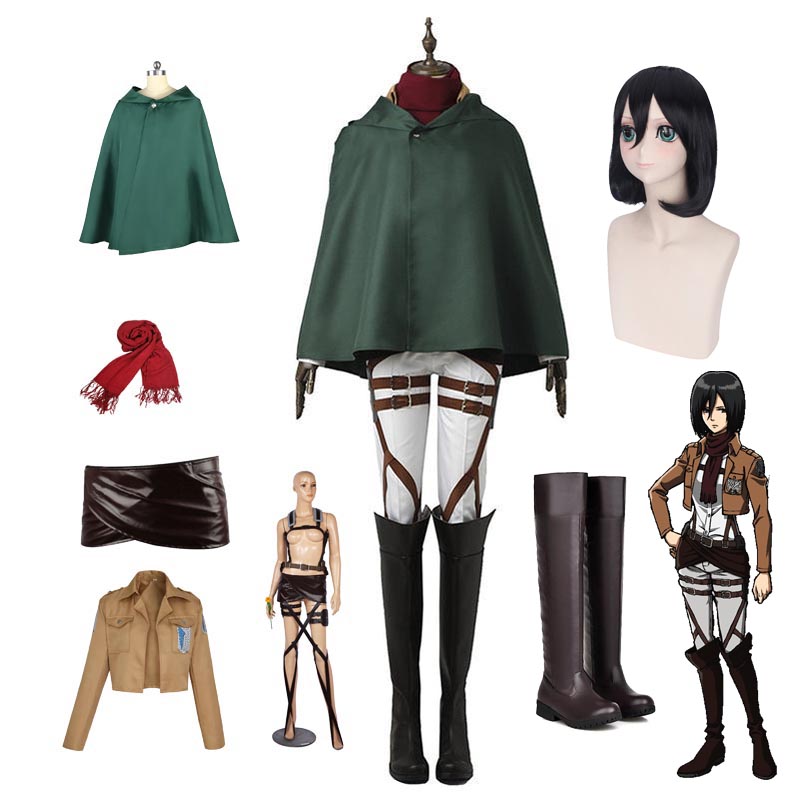 Mikasa Ackerman Whole Set Costume With Wigs and Boots Attack On Titan Mikasa Cosplay Uniform Outfit