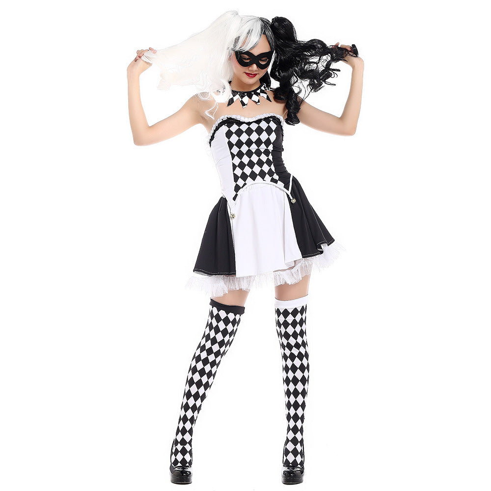 Black and White Plaid Clown Costume Women Jester Cosplay Costume Dress