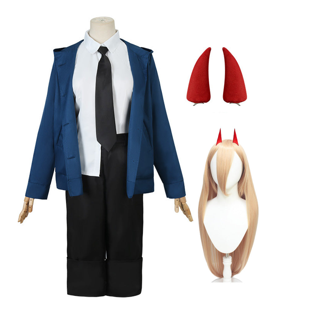 Blood Fiend Power Costume With Blue Jackt and Horns Halloween Carnival Cosplay Outfit