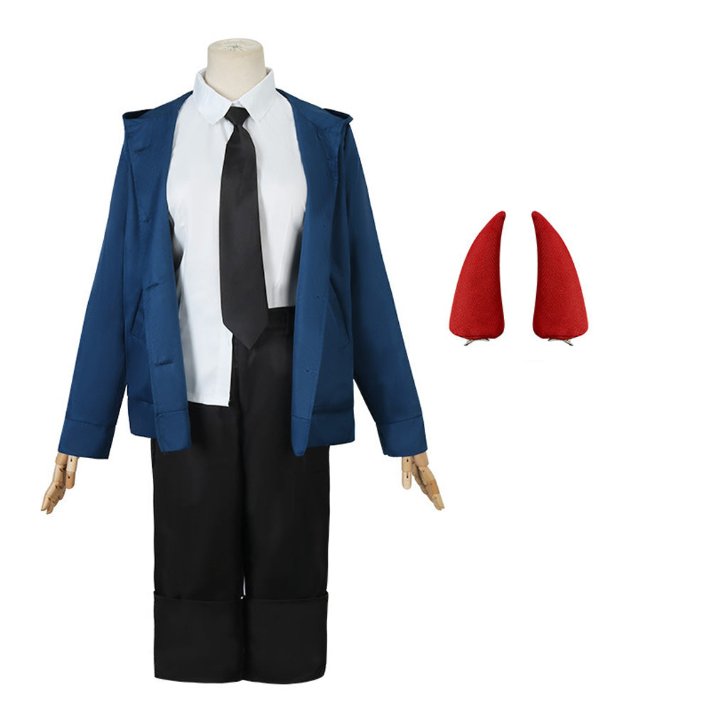 Blood Fiend Power Costume With Blue Jackt and Horns Halloween Carnival Cosplay Outfit