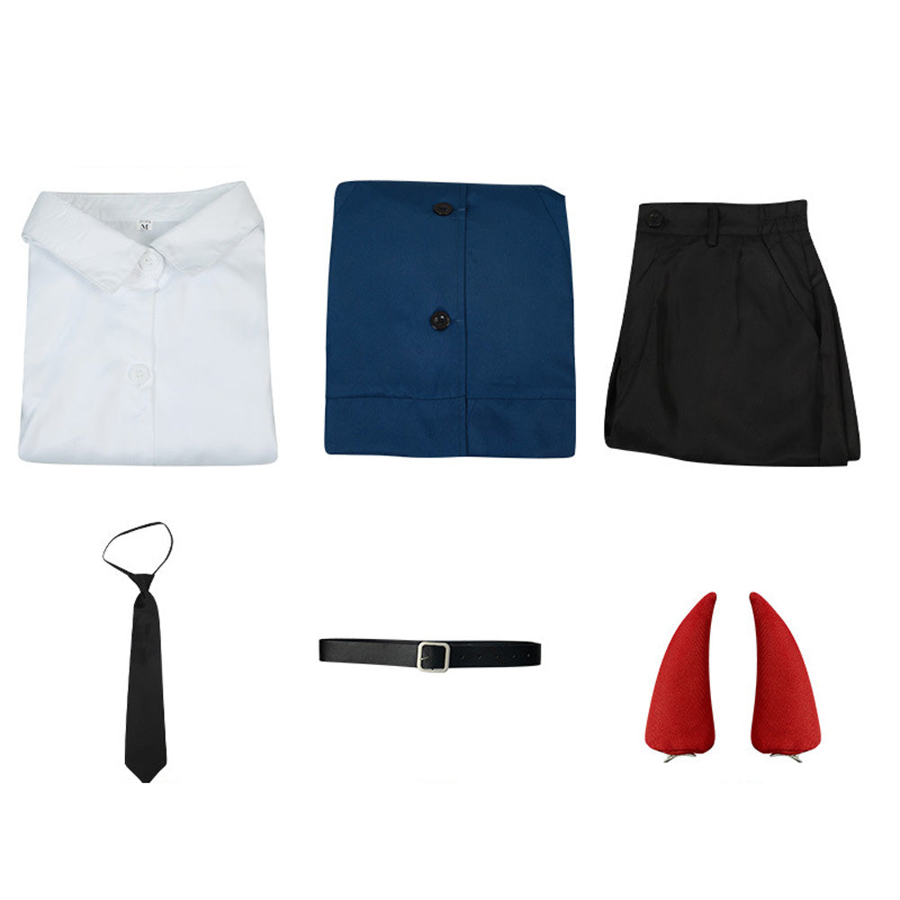 Blood Fiend Power Costume With Blue Jackt and Horns Halloween Carnival Cosplay Outfit