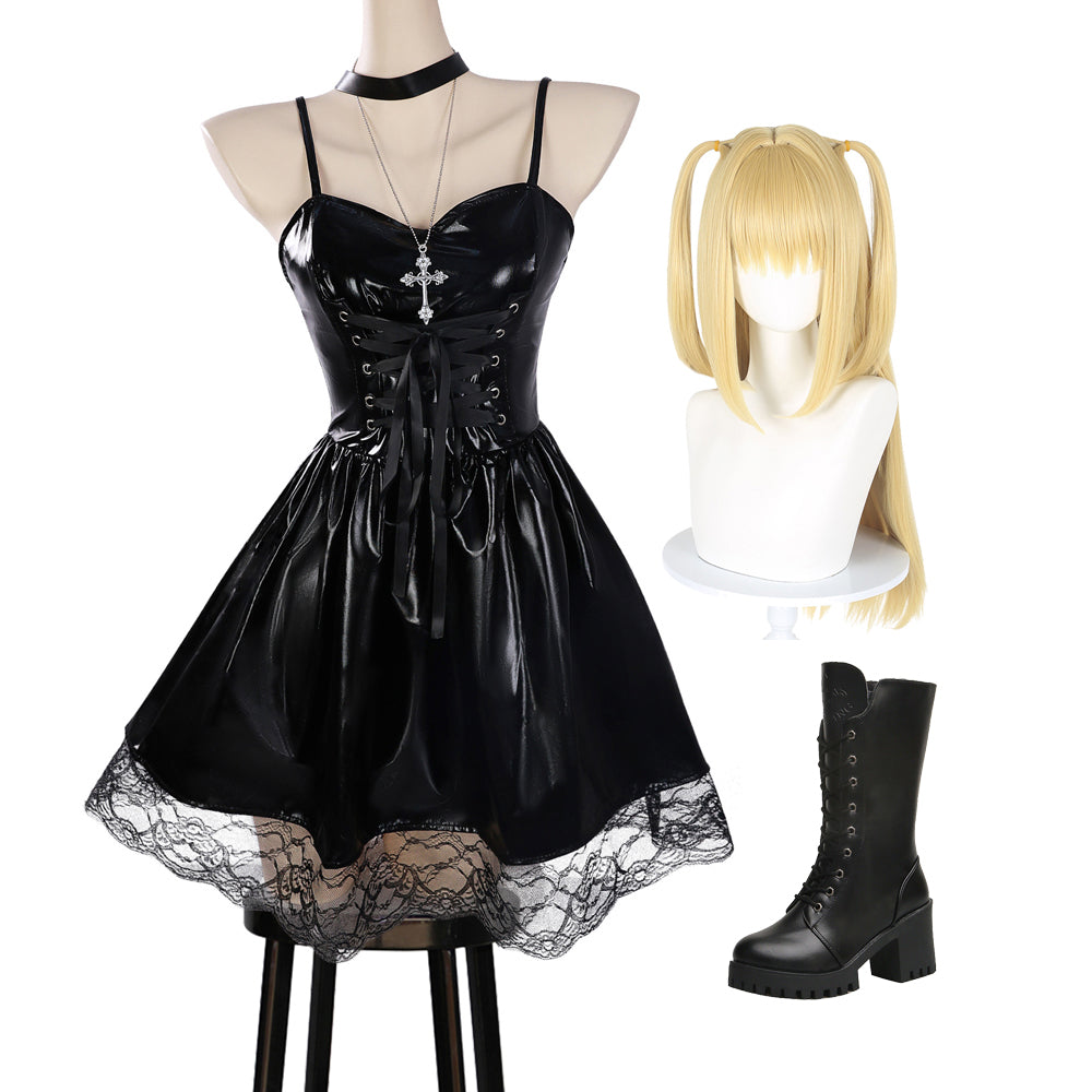 DN Misa Amane Black Dress Costume+Wigs+Shoes Full Set Halloween Cosplay Outfit