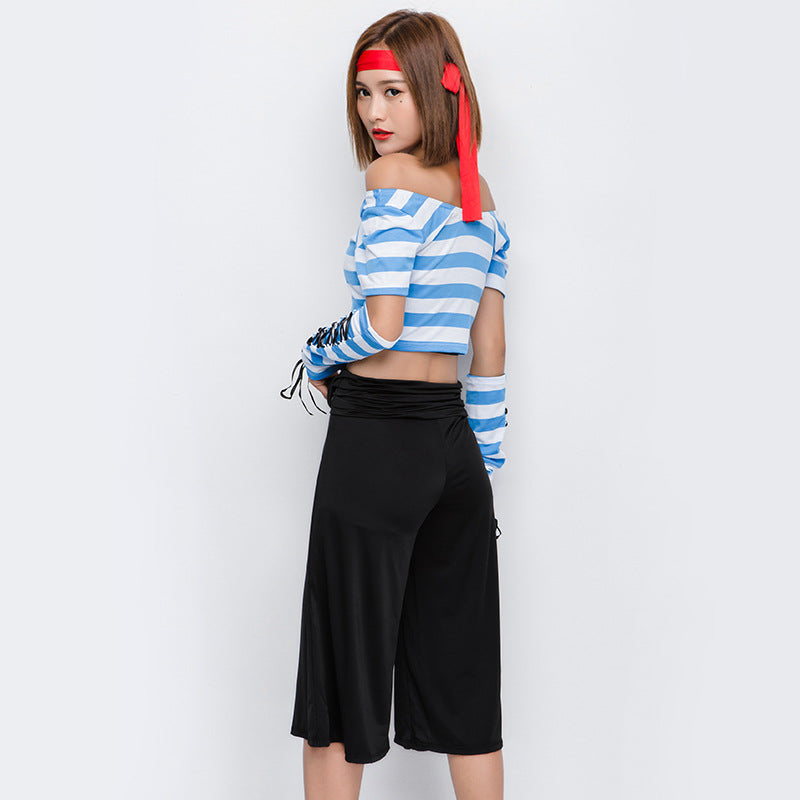 Fashion Seven Points Wide Leg Pants Blue And White Pirate Costume Halloween/Stage Performance/Party Women