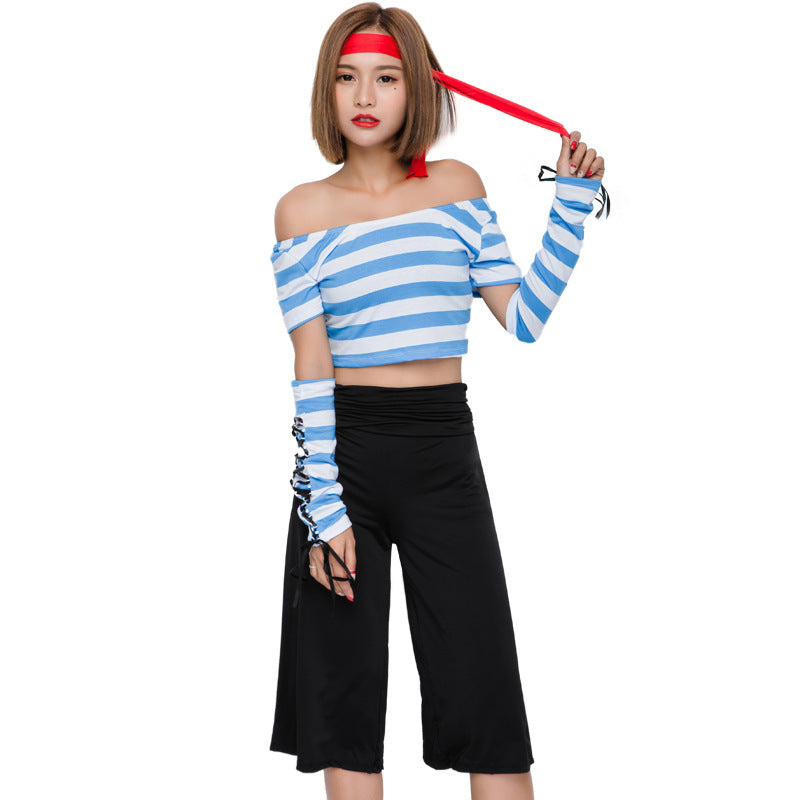 Fashion Seven Points Wide Leg Pants Blue And White Pirate Costume Halloween/Stage Performance/Party Women