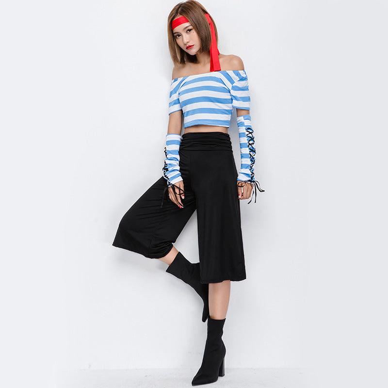 Fashion Seven Points Wide Leg Pants Blue And White Pirate Costume Halloween/Stage Performance/Party Women