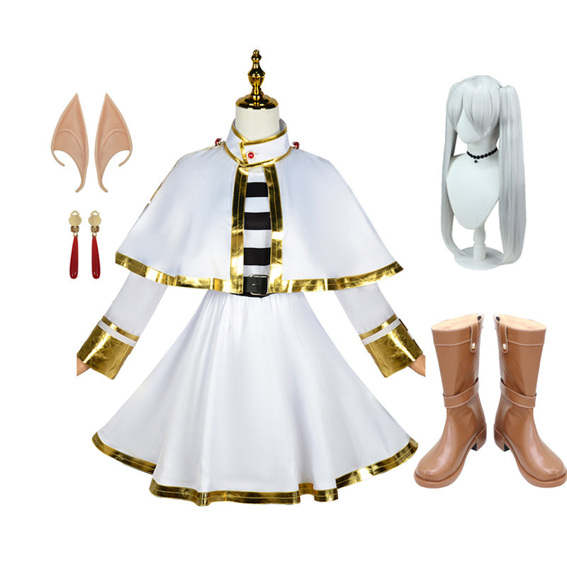 Frieren Costume With Wigs and PU Leather Boots Full Set Frieren Beyond Journey's End Halloween Cosplay Costume Outfit