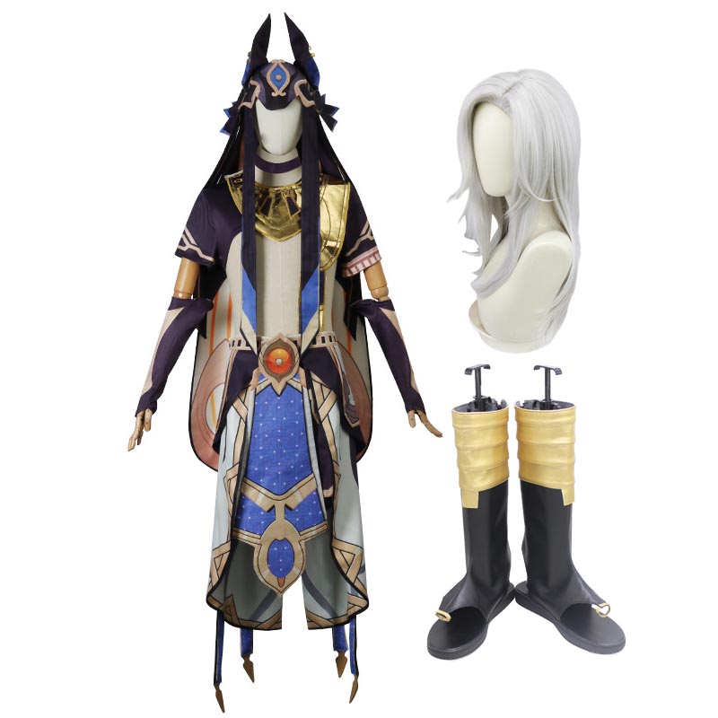 Genshin Impact Cosplay Cyno Whole Set Costume With Wigs Hats and Cosplay Shoes Halloween Costume Set