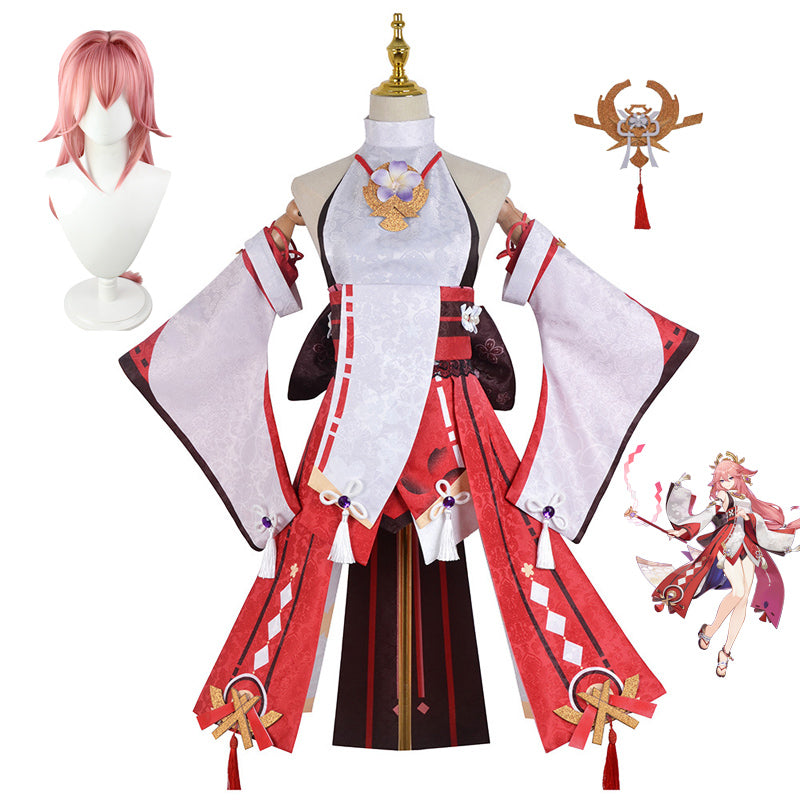 Genshin Impact Costume Yae Miko Costume+Wigs Set Halloween Carnival Cosplay Outfit
