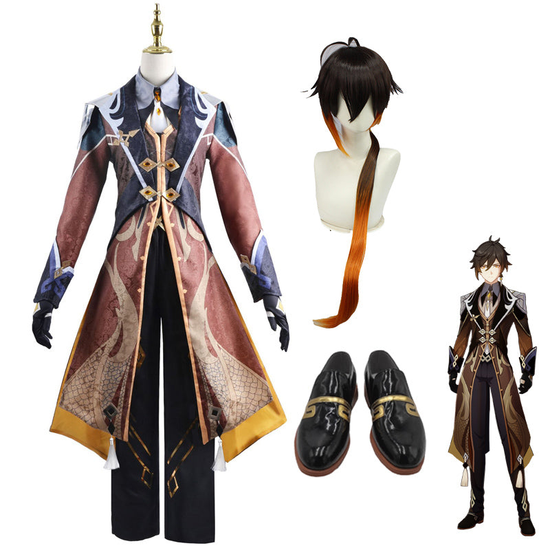 Genshin Impact Zhongli Cosplay Costume+Wigs+Shoes Whole Set Halloween Carnival Costume