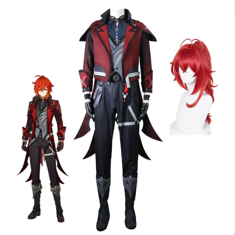 Genshin Impact Diluc Skin Costume Red Dead of Night Costume With Wigs Set