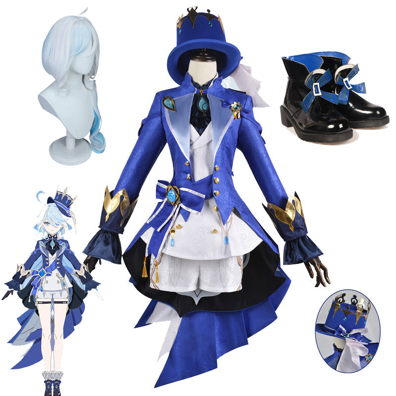 Genshin Impact God of Justice Focalors Full Set Costume+Hat+Wigs+Shoes Halloween Carnival Costume Outfit Set