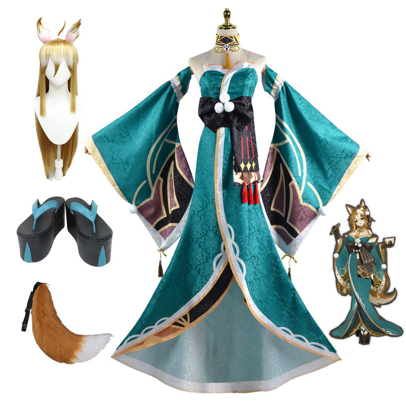 Genshin Impact Gorou Miss Hina Female Costume+Wigs+Shoes+Tail Full Set Halloween Carnival Costume Set