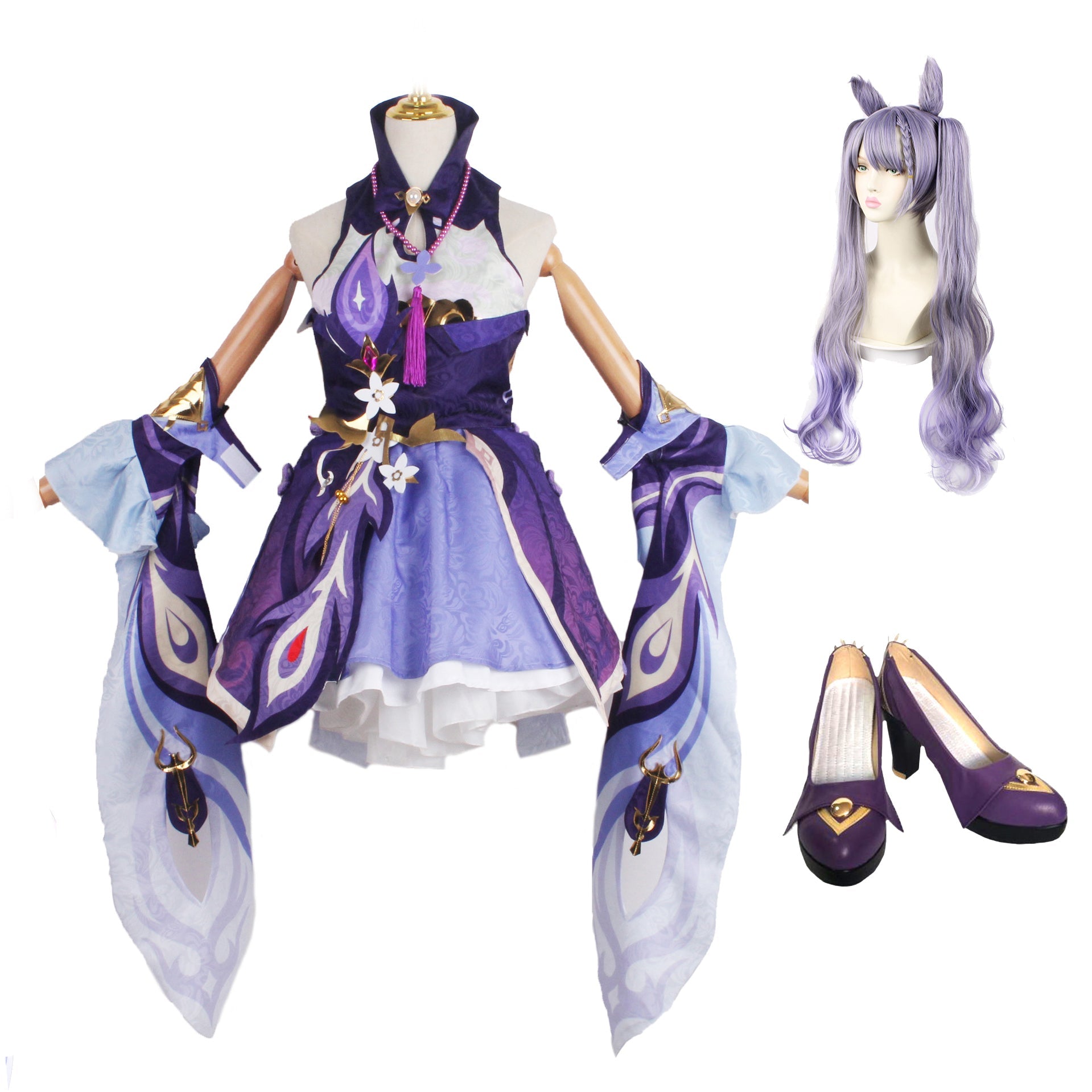Genshin Impact Keqing Whole Set Costume Halloween Cosplay Costume with Wigs and Shoes Suit Set