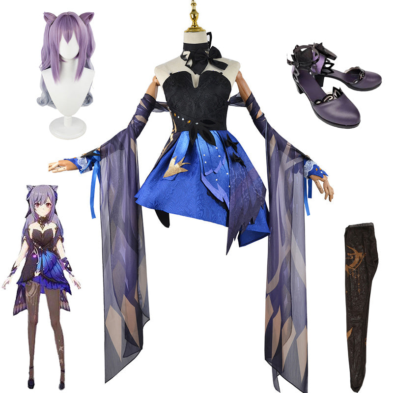 Genshin Impact Keqing Skin Opulent Splendor Whole Set Costume With Wigs and Shoes Halloween Costume Set