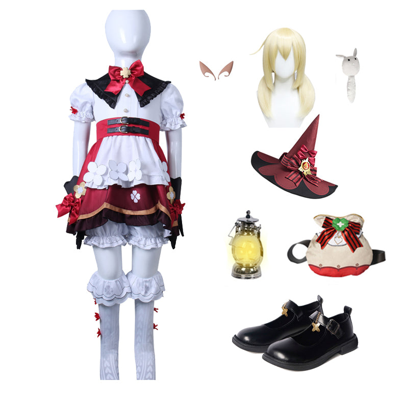 Genshin Impact Klee New Skin Blossoming Starlight Kids Girls Costume Witch Dress+Wigs+Cosplay Shoes Whole Set