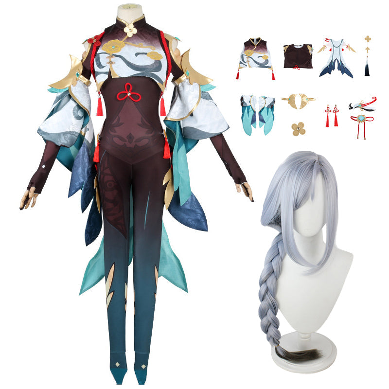 Genshin Impact Shenhe Cosplay Costume Full Set With Wigs Halloween Whole Set Shenhe Costume