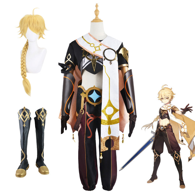 Genshin Impact Traveler Aether Whole Set Costume With Wigs and Boots Halloween Cosplay Outfit