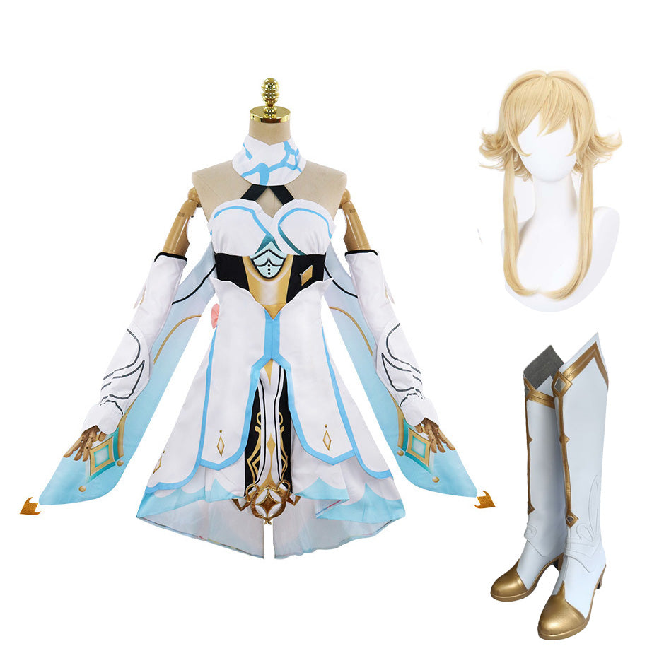 Genshin Impact Traveler Lumine Costume Dress With Wigs and Boots Full Set Halloween Carnival Cosplay Outfit