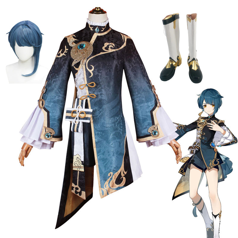 Genshin Impact Xingqiu Whole Set Cosplay Costume and Wigs and Boots Halloween Cosplay Outfit