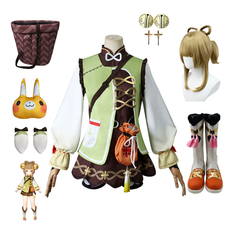 Genshin Impact Yaoyao Costume Full Set+Wigs+Boots+Basket+Dolls Halloween Carnival Whole Set Costume Outfit For Kids and Adults