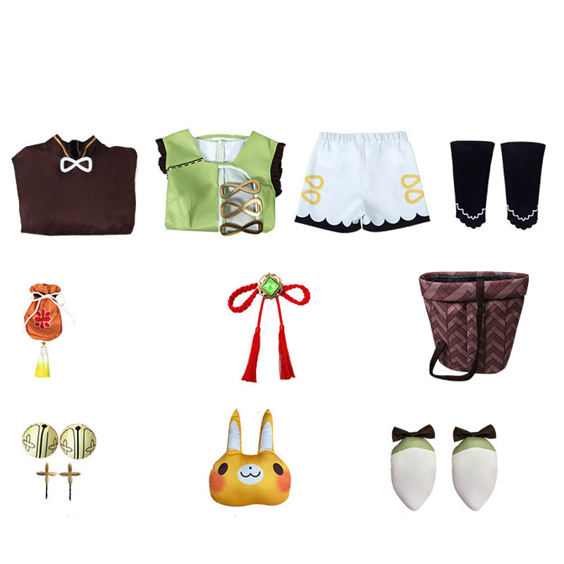 Genshin Impact Yaoyao Costume Full Set+Wigs+Boots+Basket+Dolls Halloween Carnival Whole Set Costume Outfit For Kids and Adults