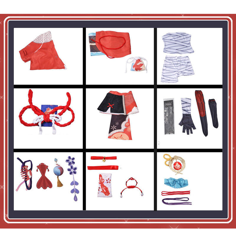 Genshin Impact Yoimiya Whole Set Cosplay Costume+Wigs+Clogs+Socks Halloween Whole Set Cosplay Outfit