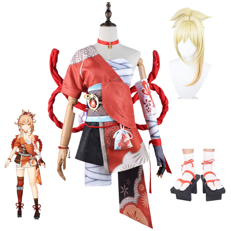 Genshin Impact Yoimiya Whole Set Cosplay Costume+Wigs+Clogs+Socks Halloween Whole Set Cosplay Outfit