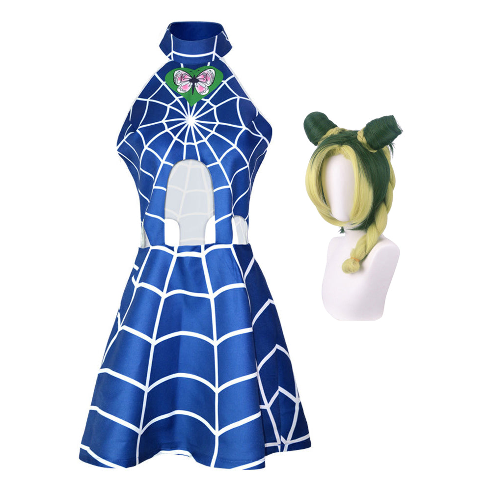 JOJO Jolyne Cujoh Blue Dress Costume+Wigs Halloween Cosplay Outfit
