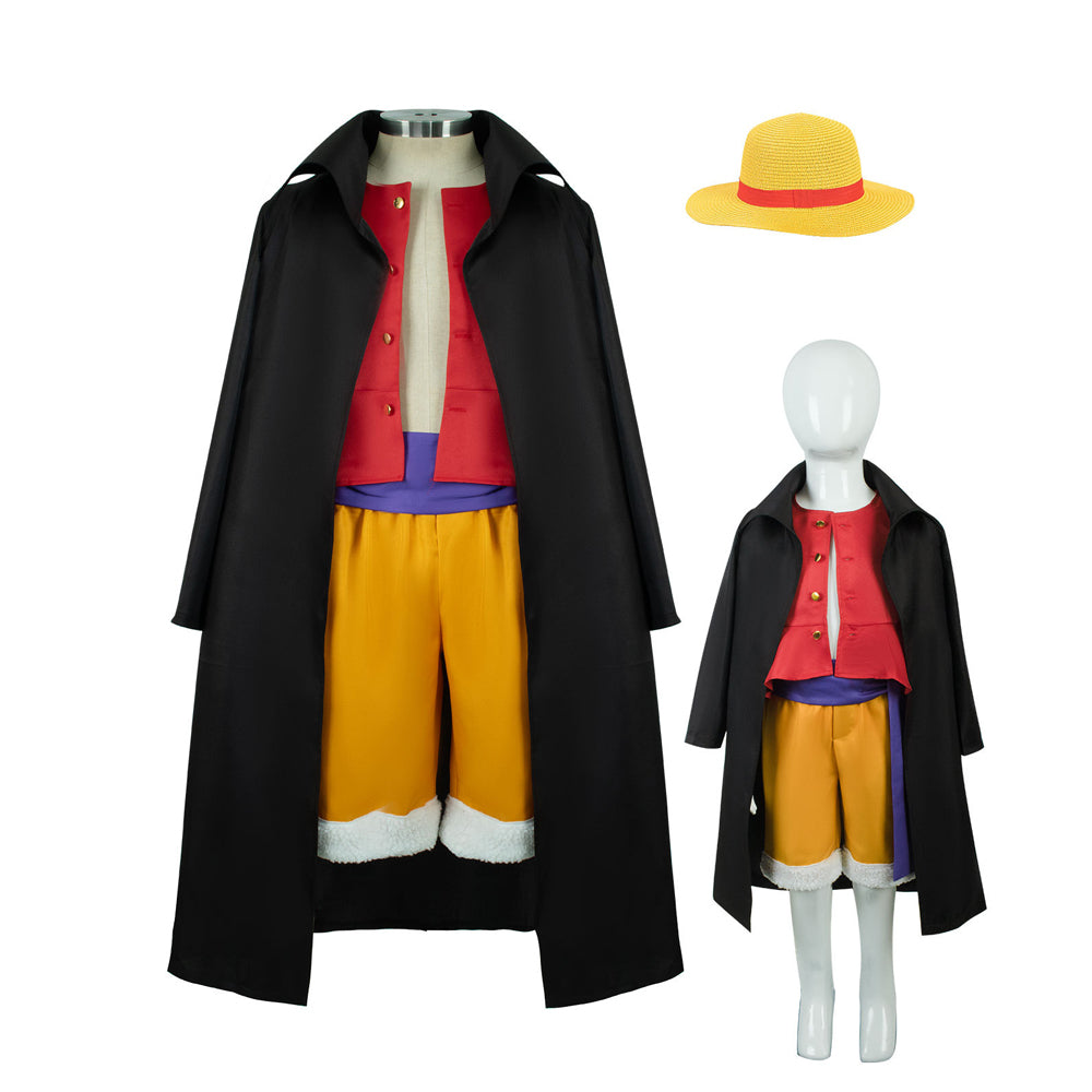 Kids/ Adults One Piece Monkey D. Luffy Wano Country Arc Outfit With Hat and Cloak Cosplay Costume Full Set
