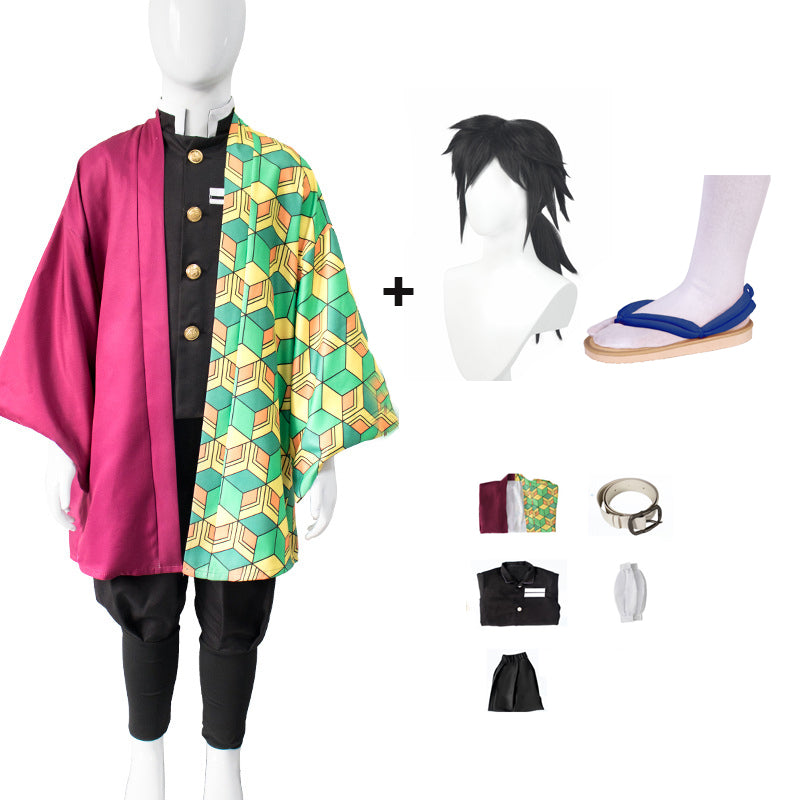 Kids Version Anime Giyu Tomioka Full Set Costume+Wigs+Shoes Halloween Costume Set For Boys Girls