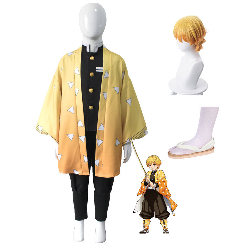 Kids Version Anime Zenitsu Agatsuma Girls Boys Costume With Wigs and Shoes Full Set Halloween Carnival Costume