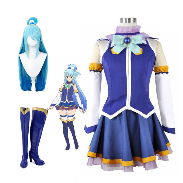 KonoSuba: God's Blessing on this Wonderful World! Aqua Costume+Wigs+Boots Full Set Halloween Carnival Outfit